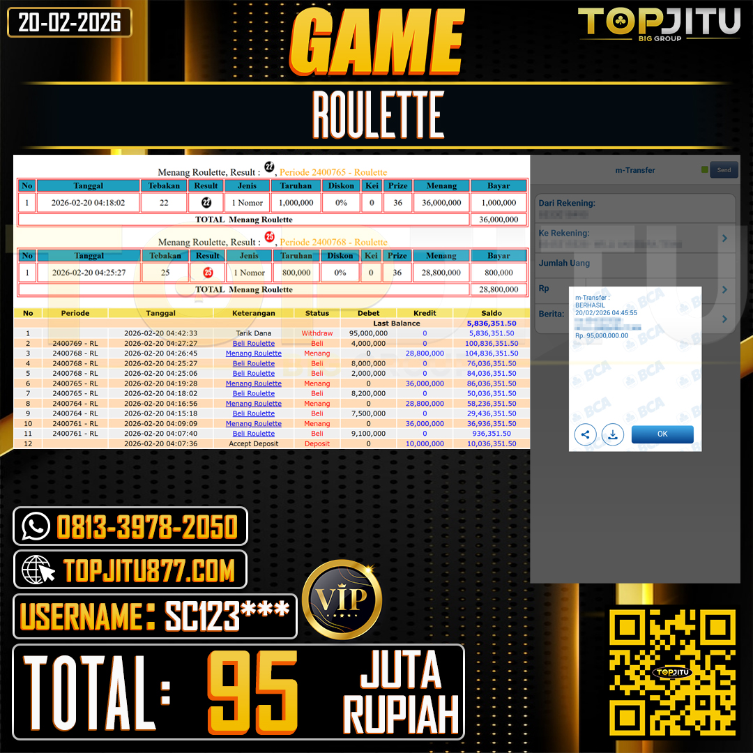          TOPJITU JACKPOT  LIVE GAMES ROULETTE Rp.95.000.000 ,- LUNAS USER ID:SC123***