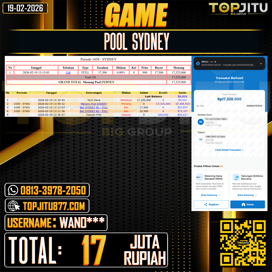          TOPJITU JACKPOT  TOGEL PASARAN SYDNEY  Rp.17.000.000 ,- LUNAS USER ID : WAND***