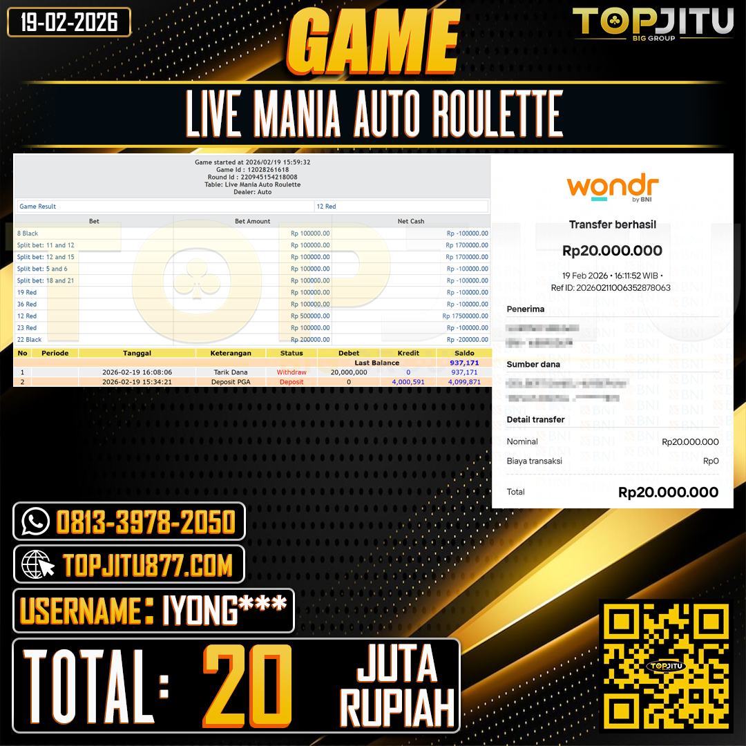           TOPJITU JACKPOT LIVE GAMES MANIA AUTO ROULETTE Rp.20.000.000 ,- LUNAS USER ID:IYONG***