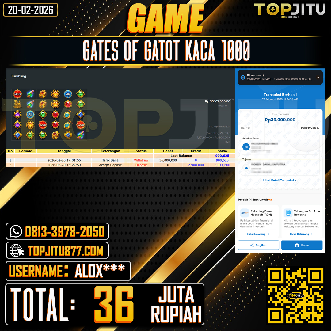          TOPJITU JACKPOT SLOT GATES OF GATOT KACA 1000  Rp.36.000.000 ,- LUNAS USER ID:ALOX***