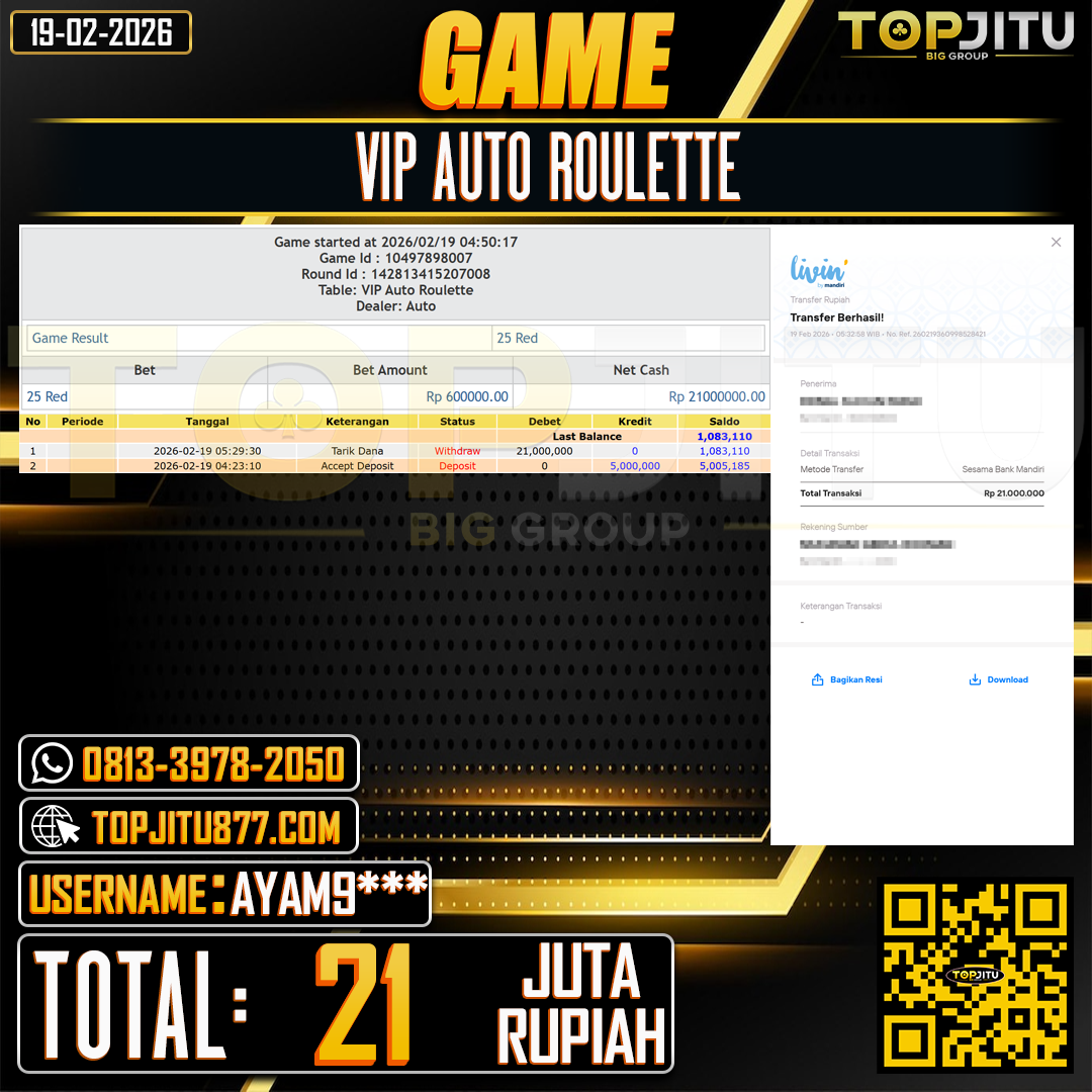          TOPJITU JACKPOT LIVE GAMES VIP AUTO ROULETTE Rp.21.000.000 ,- LUNAS USER ID:AYAM9***
