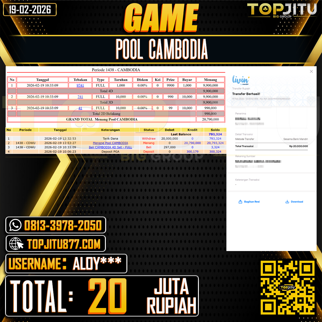          TOPJITU JACKPOT TOGEL  PASARAN CAMBODIA  Rp.20.000.000 ,- LUNAS USER ID:ALOY***